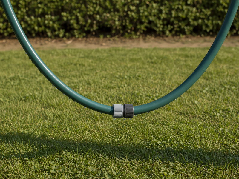Charged garden hose lifted in a loop to show the water weight per metre inside a 5/8 inch bore