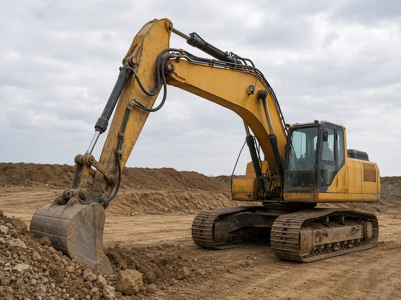 Hydraulic excavator on a construction site with steel wire braided hydraulic hose assemblies routed along the boom and stick to the bucket cylinder