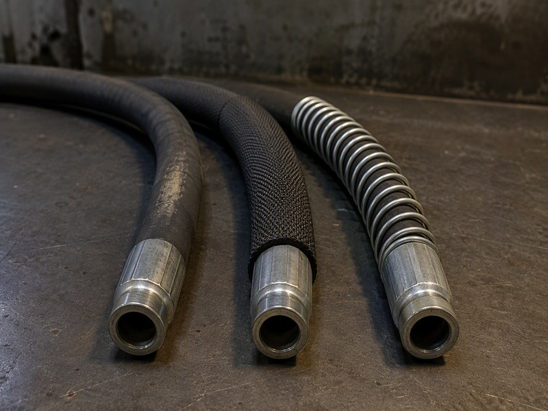 Three construction machine hydraulic hose runs side by side showing an unprotected hose with a worn cover, a hose fitted with a fabric protection sleeve, and a hose fitted with a steel spring guard