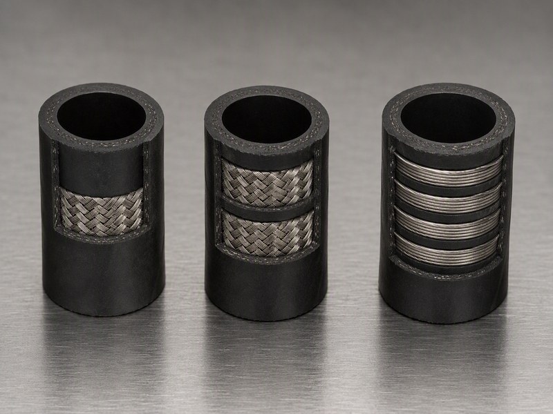 Cutaway sections of one wire braid, two wire braid and four spiral reinforcement used in hydraulic hose for construction equipment on a workshop bench