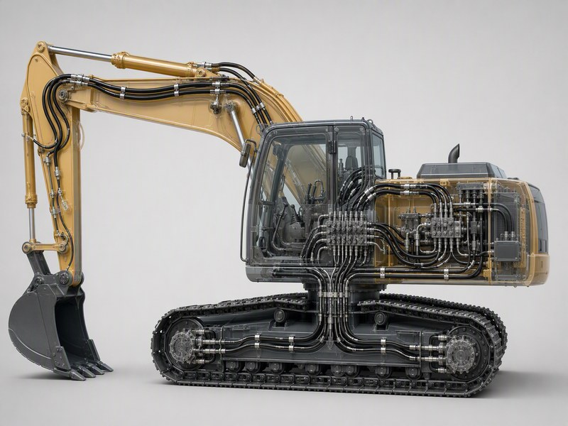 Cutaway diagram of a tracked excavator showing travel, boom, stick, bucket, swing, pilot, return and auxiliary circuits routed from the main control valve
