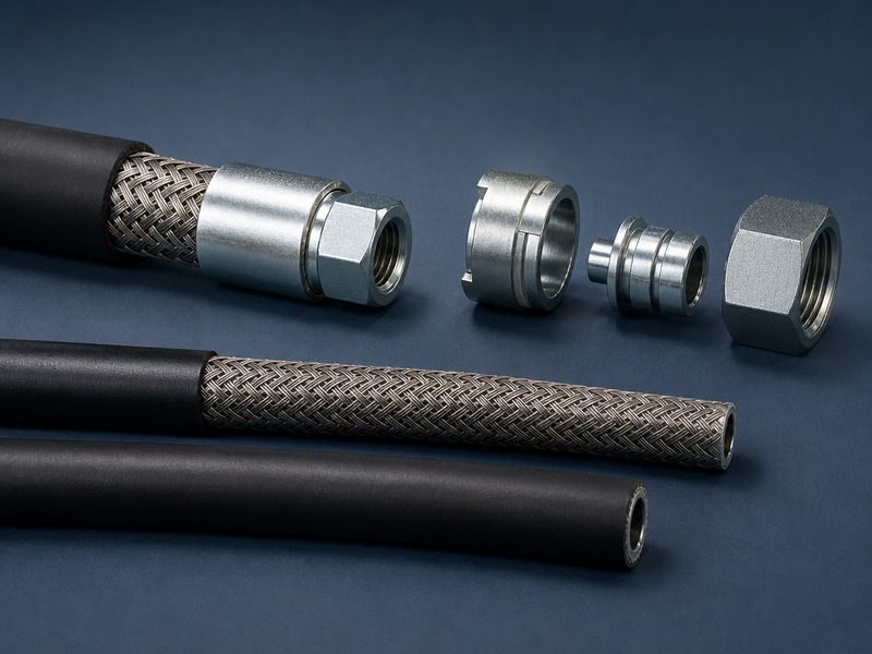 Crimped hydraulic hose end beside a reusable hose end cut open to show the ferrule gripping the wire reinforcement, with a skived and a no-skive hose cover for comparison