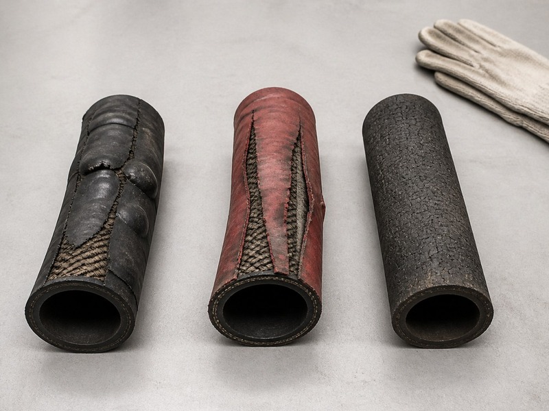 Three failed EPDM steam hoses: a lining separated by popcorning, a cover lifted into blisters along the hose, and a hardened cracked cover