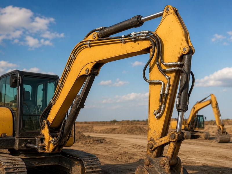 Excavator boom hydraulic hose assembly with crimped steel fittings running along the boom to the bucket cylinder on a construction site