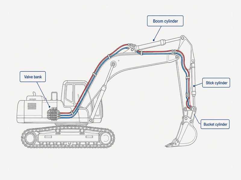 Diagram of an excavator showing boom, stick, and bucket hydraulic hose lines routed from the valve bank along the boom to each cylinder