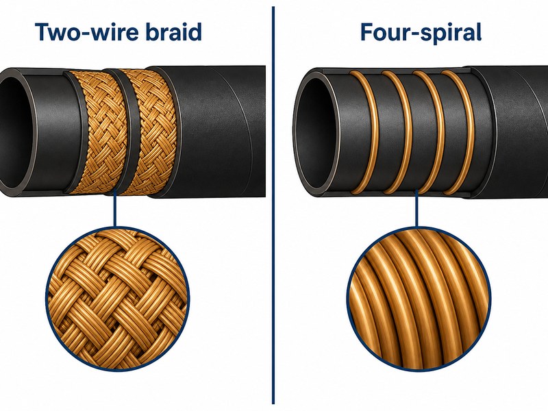 Comparison of two-wire braid and four-spiral steel wire reinforcement layers used in excavator boom hydraulic hoses
