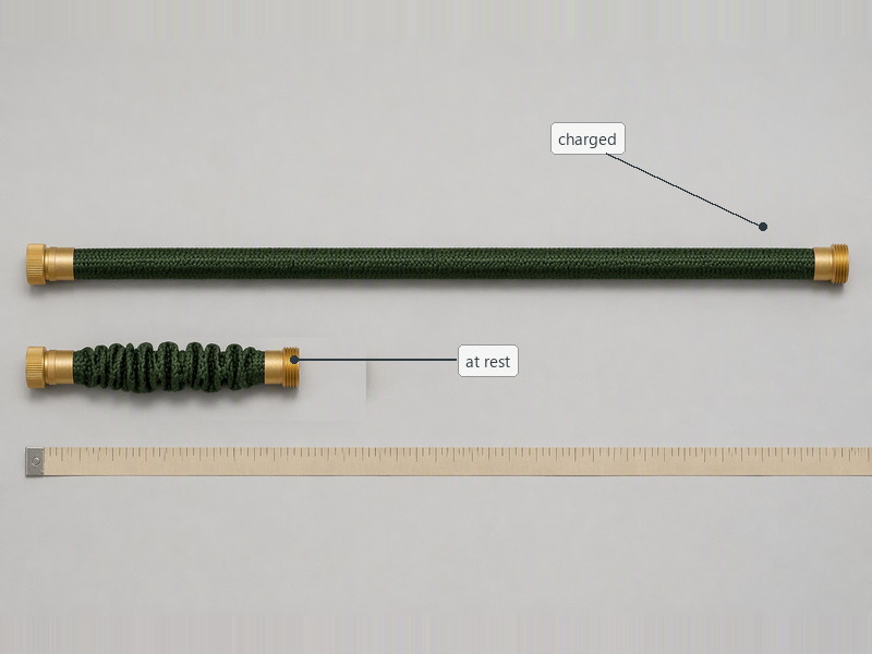 One expandable hose charged to full length beside the same hose at its resting length