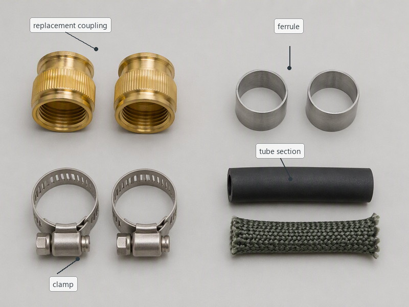 Repair kit for an expandable hose laid out with couplings, ferrules, clamps and a tube section