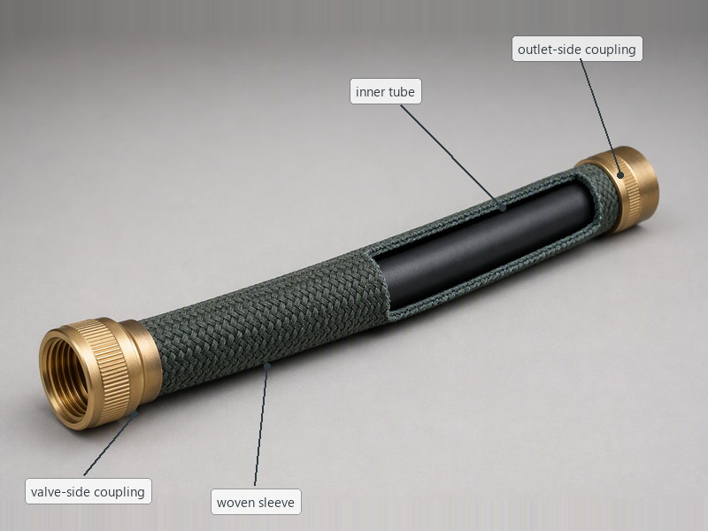 Cutaway of an expandable hose showing the elastic inner tube inside the woven sleeve
