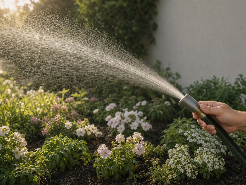 Fan spray head over a flower bed.