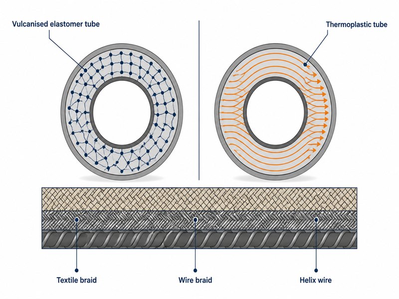 Diagram comparing vulcanised elastomer hose and thermoplastic hose structure, showing a crosslinked rubber tube, a linear thermoplastic tube, and the textile braid and helix wire reinforcement layers common to both