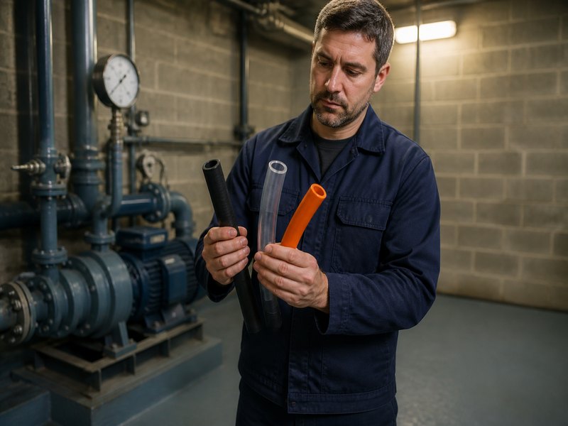 Maintenance engineer comparing a rubber water hose, a clear PVC hose and a polyurethane air hose against a pressure gauge before selecting the material for a plant line