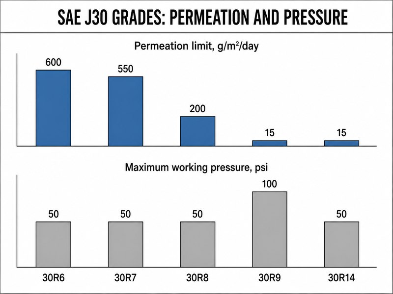 Chart comparing the low pressure, high temperature and fuel injection hose grades by permeation rate in grams per square meter per day and by maximum working pressure in psi