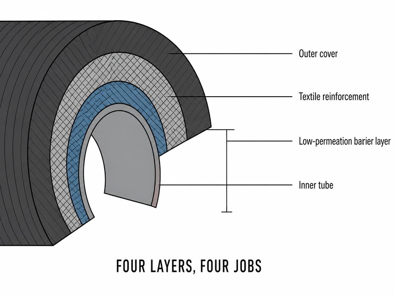 Cross section diagram of a fuel hose showing the nitrile inner tube, the low permeation barrier layer, the textile braid reinforcement and the abrasion resistant outer cover