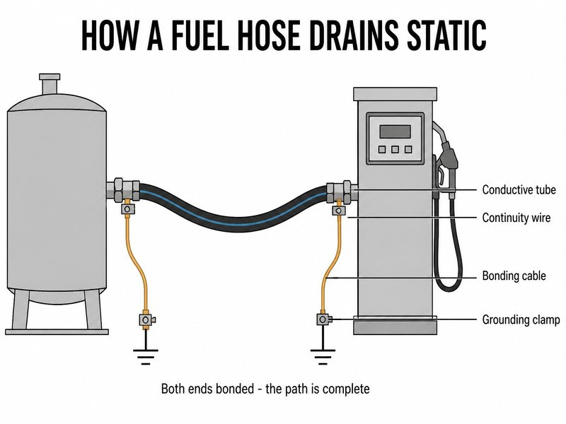 Diagram of a conductive fuel hose bonded to a tank and a pump with a continuity wire, showing the grounded path that drains static charge instead of letting it build up