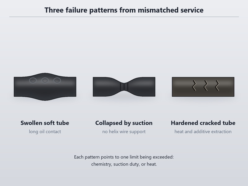 Three failed hoses showing a swollen soft fuel hose tube, a fuel hose collapsed by suction, and a hardened cracked tube after hot oil exposure