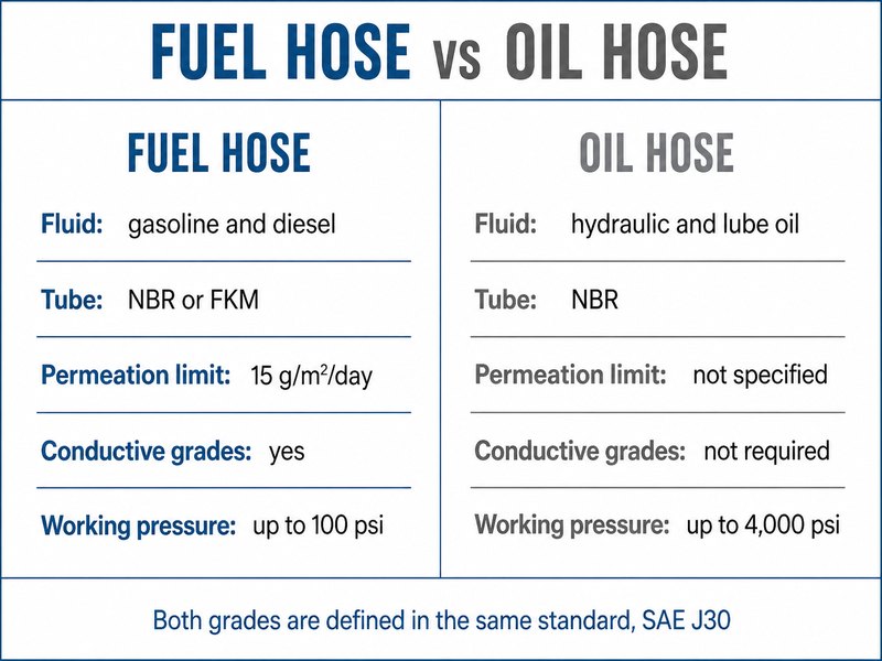 Side by side comparison of a fuel hose and an oil hose showing tube compound, permeation, conductivity, pressure range, temperature range and typical standards