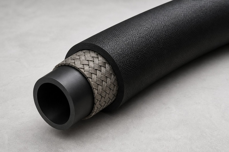 Cross-section diagram of a fuel line hose showing the fuel-resistant inner tube, fiber reinforcement, and abrasion-resistant outer cover