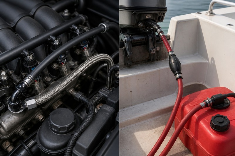 Fuel line hose in service: an EFI feed line in an engine bay and a marine fuel hose on a boat fuel tank
