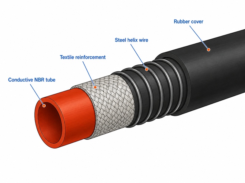Cross-section diagram of a fuel transfer hose showing the conductive NBR tube, textile reinforcement, steel helix wire, and rubber cover