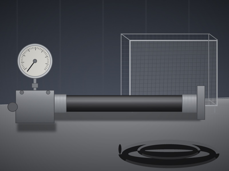 Fuel transfer hose test bench with a 3/4 inch hose under hydrostatic proof pressure, a pressure gauge and a burst test cage in the background