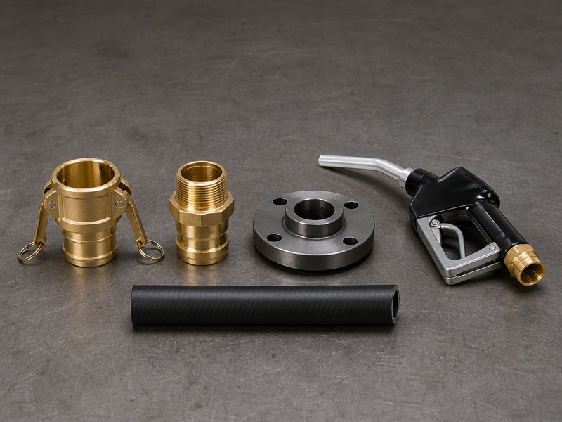 Camlock coupling, BSP threaded end, flange, and fuel nozzle arranged beside a fuel transfer hose