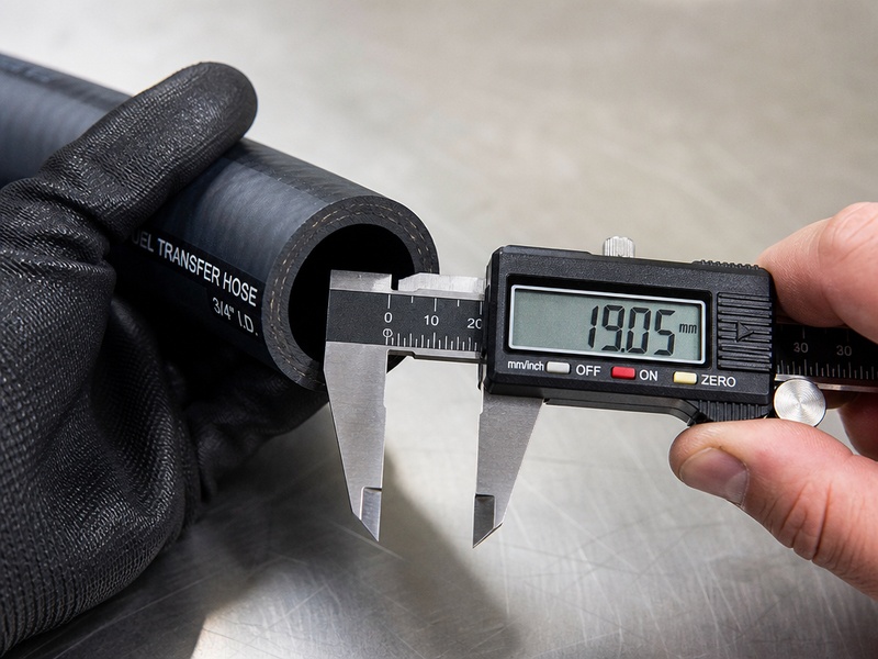 Measuring the inner diameter of a cut fuel transfer hose end with a digital caliper