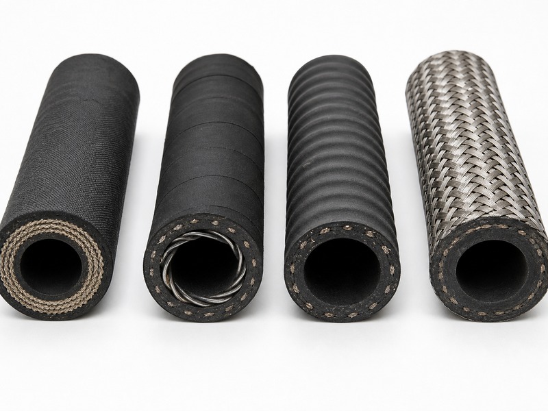 Comparison layout of fuel transfer hose constructions showing plain textile-reinforced delivery hose, helix-reinforced suction hose, corrugated-cover abrasion hose and stainless steel braided fuel hose cut to show their layers