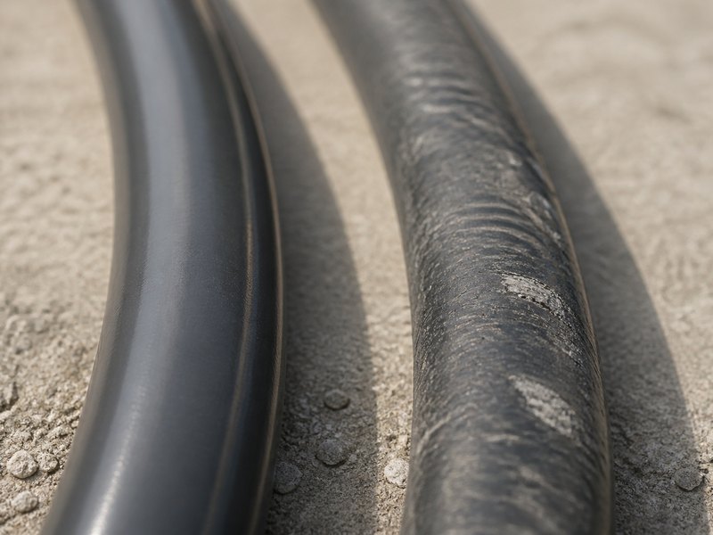Two garden hoses after being dragged over a concrete surface, the polyurethane hose cover still smooth while the rubber hose cover shows visible scuffing and surface loss