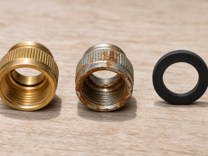 a brass garden hose coupling and a scratched zinc plated steel coupling side by side on a bench, with the flat rubber washer that seals the three quarter inch Garden Hose Thread (GHT) joint shown separately