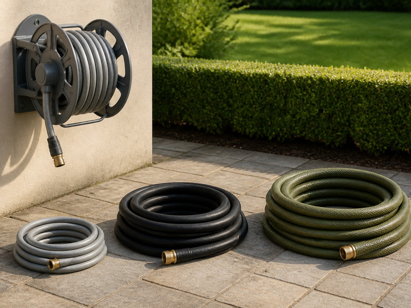 Three garden hoses of different sizes and materials: one coiled on a wall-mounted reel and two loose coils on a stone patio