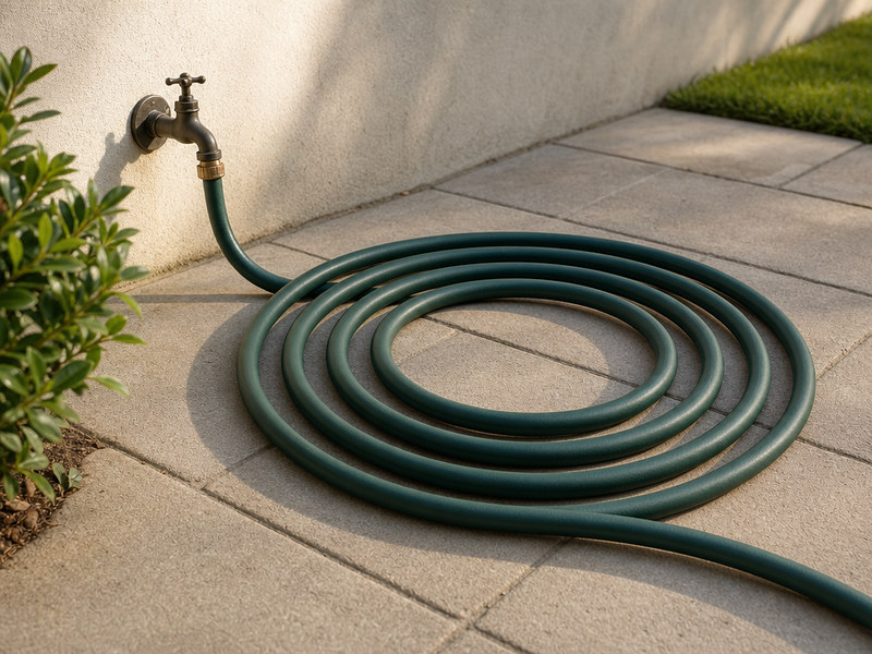 Garden hose coiled in wide loops by a tap.
