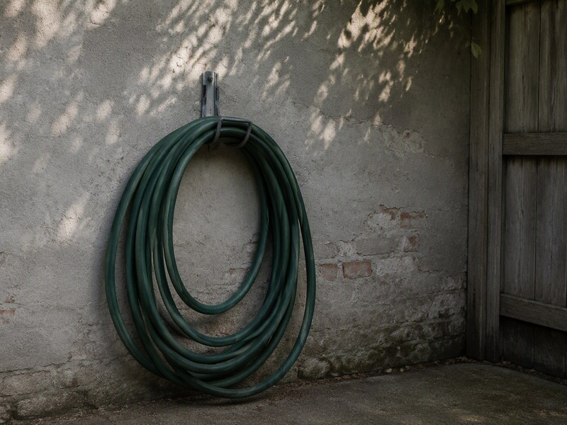 A garden hose coiled in wide loops on a shaded wall bracket