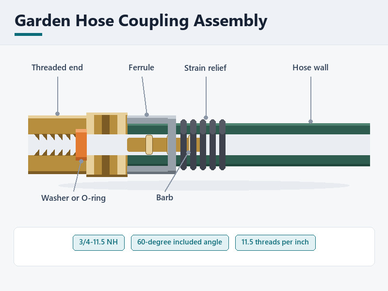 Parts of a garden hose coupling assembly: threaded end, washer, barb, ferrule and strain relief on a cutaway hose end