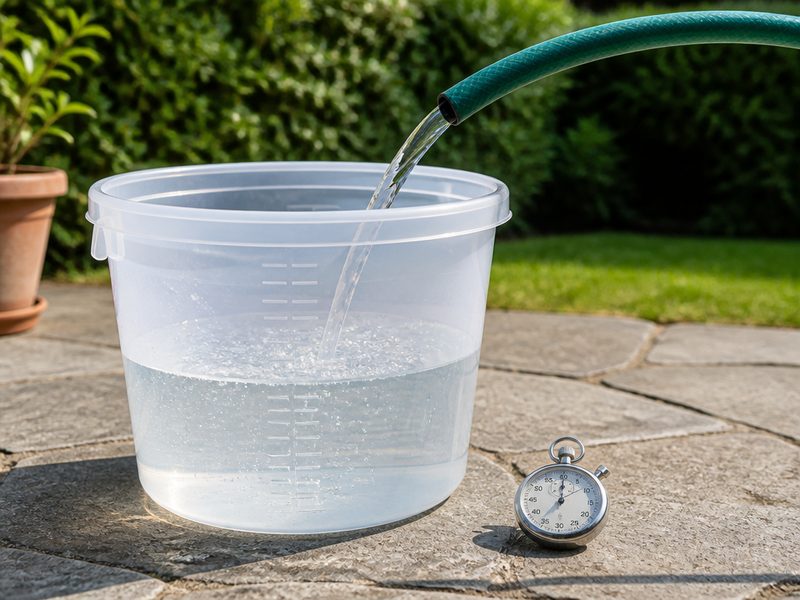 Bucket test in progress at an outdoor tap, with a garden hose filling a graduated five gallon bucket and a stopwatch resting on the paving beside it