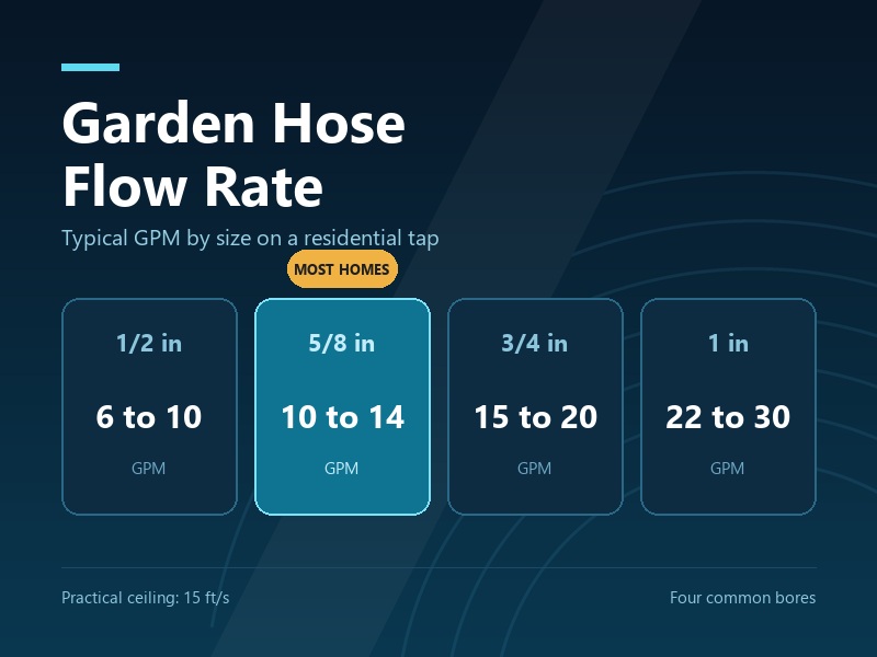Garden hose flow rate by size: 1/2-inch 6 to 10, 5/8-inch 10 to 14, 3/4-inch 15 to 20, 1-inch 22 to 30 GPM