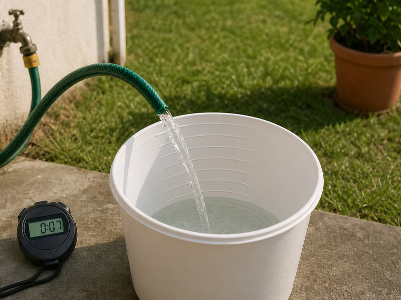 Hose end discharging into a marked bucket beside a running stopwatch
