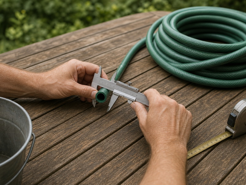 Two hands measuring the cut end of a green garden hose with a steel vernier caliper on a wooden garden table, with a coiled hose, a metal bucket and a measuring tape beside them.