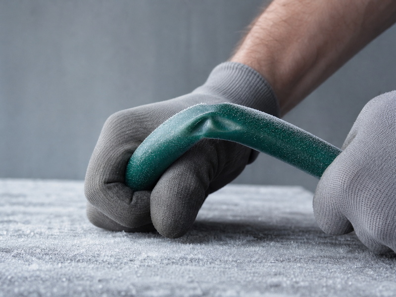 Two gloved hands bending a charged green garden hose through a tight arc on a frosted bench, with the hose wall visibly creased at the bend.