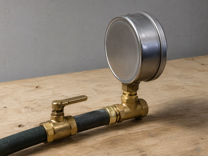 A pressure gauge connected to a hose on a test bench