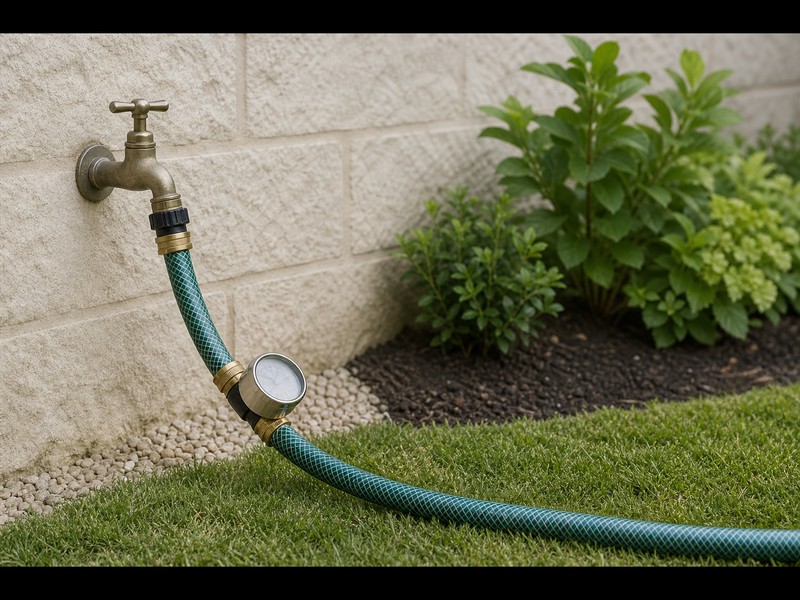 A reinforced garden hose coupled to an outdoor tap with a pressure gauge fitted in line, with a planted bed in the background