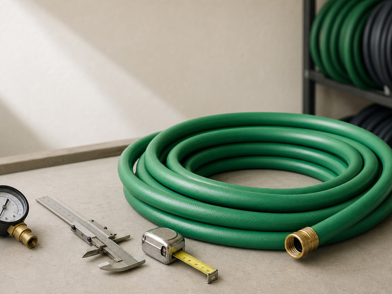 A green garden hose coil with a brass coupling on a workshop bench, beside a dial pressure gauge, a steel caliper and a partly unrolled tape measure.