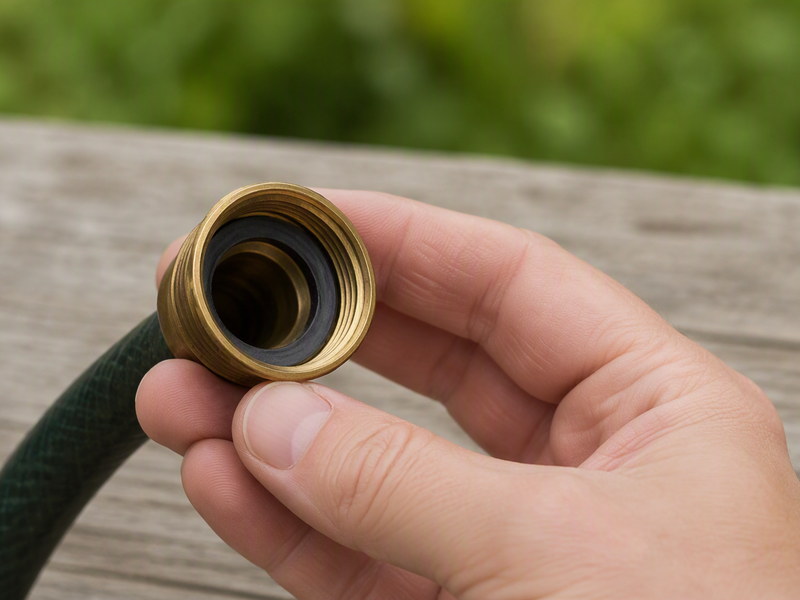 A hand inspecting the coupling and washer at the end of a garden hose