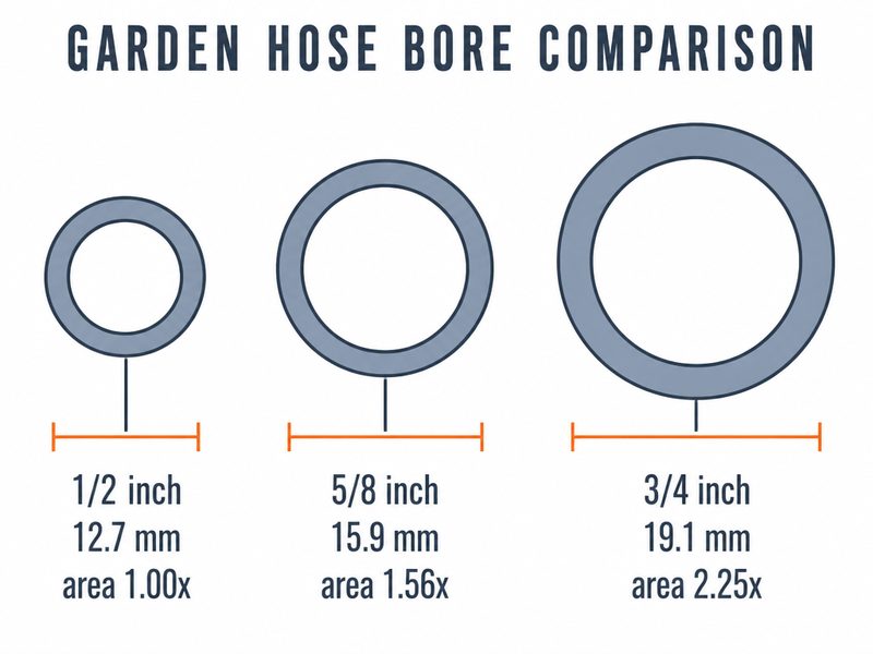 Comparison diagram showing the cross-sections of 1/2 inch, 5/8 inch and 3/4 inch garden hose drawn to scale with area labels of 1.00x, 1.56x and 2.25x relative to the smallest bore
