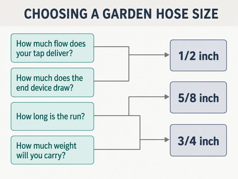 Decision flow diagram asking four questions about tap flow, end device demand, run length and handling weight, branching to recommendations of 1/2 inch, 5/8 inch or 3/4 inch garden hose