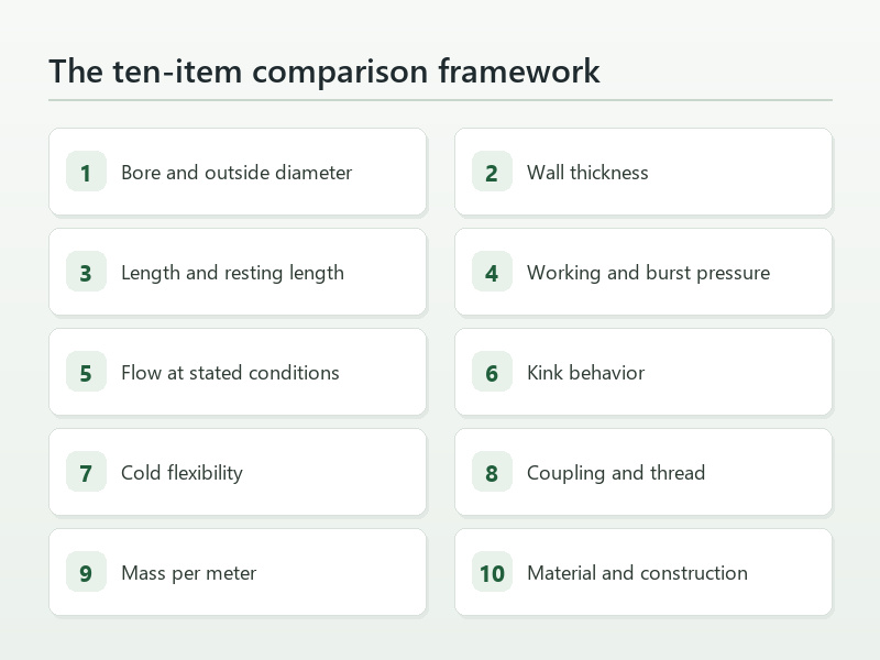 Ten numbered cards listing the comparison items a reader checks on a hose claim, from bore and wall thickness through pressure, flow, kink and cold behavior to material and construction.