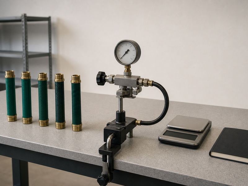 Five cut hose samples standing in a row beside a clamped pressure test rig with a dial gauge, a compact digital scale and a closed notebook on a test bench.
