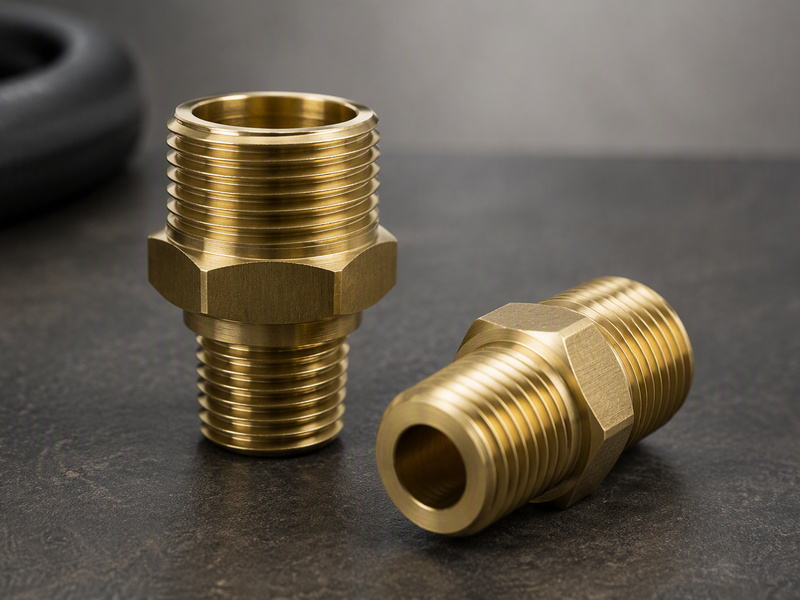 Garden hose thread to NPT adapter: two brass adapters with a hex body, a straight coupling thread on one end and a tapered pipe thread on the other