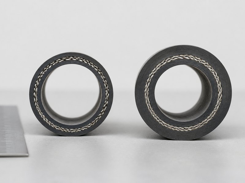 Cut cross-sections of a polyurethane garden hose and a rubber garden hose on a light bench, showing the thinner polyurethane wall and the thicker rubber wall at the same inner diameter