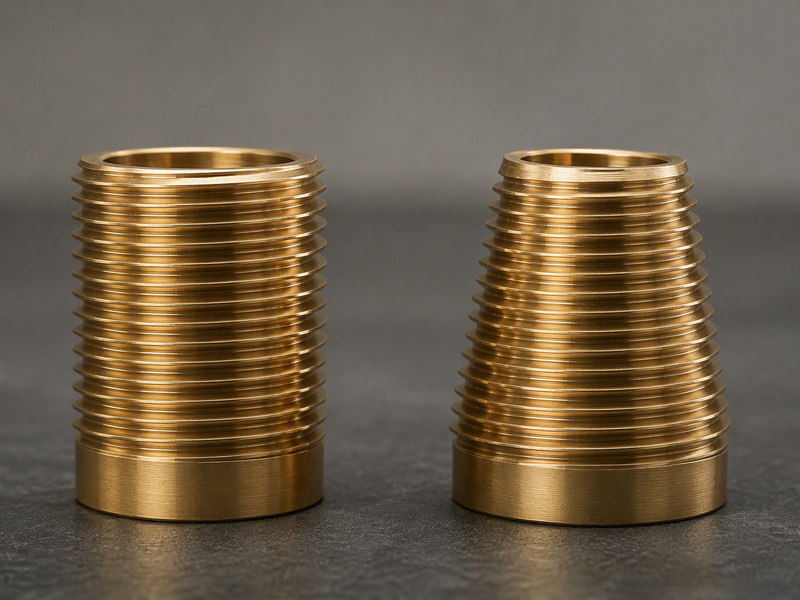 A straight garden hose thread beside a tapered NPT thread: the parallel form on the left keeps the same diameter, the conical form on the right narrows toward its nose